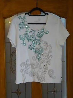 Dash White & Mint Cotton T Shirt With Sequin Detail Size 18 • £1.18