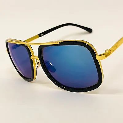 Men's Sunglasses Square One Gold Colored Metal Frame Top Bar Oversize Shades NEW • $12.98