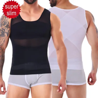 Men's Slimming Body Shaper X Shape Back Support Tank Top Compression Vest Shirt • £6.79
