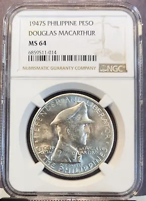 1947 S Philippines Silver 1 Peso Douglas Macarthur Ngc Ms 64 Bright Bu • $114.95