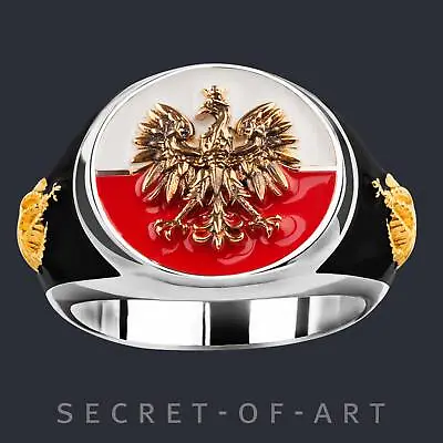 Poland Ring Polish With Eagle Crown Silver 925 24K-Gold-Plated Size 8-13 US • £152.66