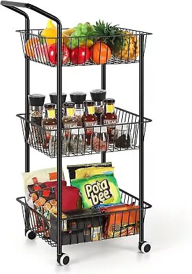 3 Tier Metal Rolling Cart Fruit Basket Stand Kitchen Storage Trolley With Handle • $37.99