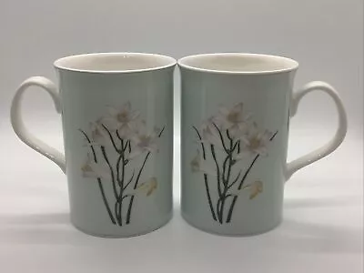 2 Vintage Haeng Nam Elegant Bone China Cups White Flowers Pale Minty  Background • $7.75