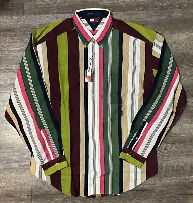 Vintage Tommy Hilfiger Shirt Mens Sz XL 90s Crest Logo Multicolor Stripes Funky • $40