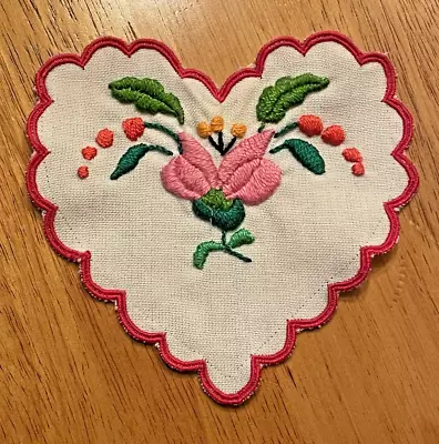 Hungarian Folk Doily MATYO Style Hand Embroidered Flowers 5  Heart W/ Red Border • $16