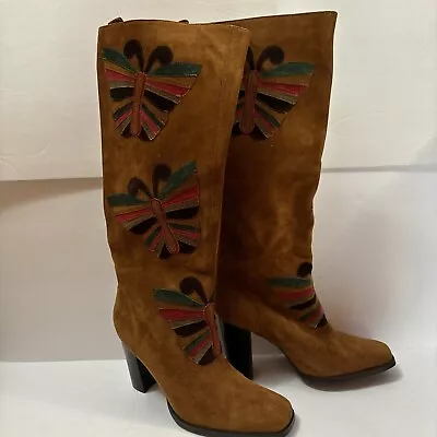 Victoria's Secret Butterfly Boots Coline Stuart Brown Suede Boho Sz 9 High Heel • $76.99