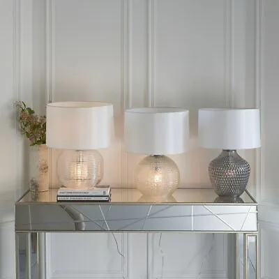 £94.49 • Buy Elegant Glass Table Lamp Light Ribbed Bubble Glass Base & Vintage White Fabric