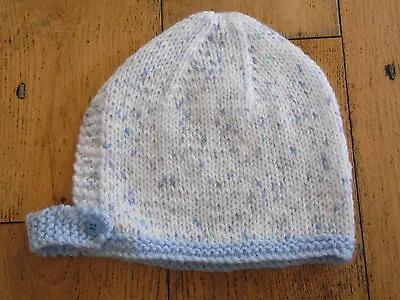 Brand New Hand Knitted Blue Flecked Baby Bonnet 0-3 / 3-6 / 6-9 Months • £3.25