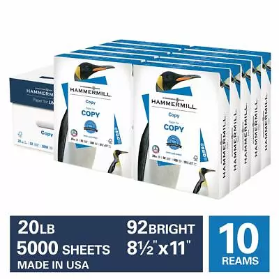 Hammermill Paper Copy Paper 20lb 8x11 10 Ream Case 92 Bright 5000 Sheets • $99.31