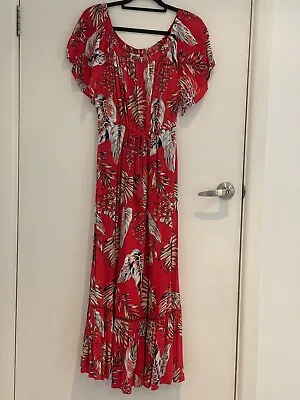 $33 • Buy BLUE SOUL Floral Maxi Length Dress On Red Background W/Adjustable Waist Size: L