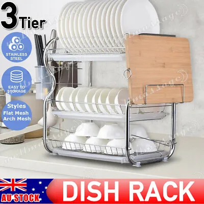 3 Tier Dish Drying Rack Drainer Kitchen Plate Bowl Cup Drip Cutlery Tray Holder • $31.95