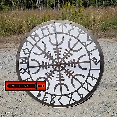 Steel Plated Viking Runes Helm Of Awe Aegishjalmur Norse Runes Wood Round Shield • $129.99