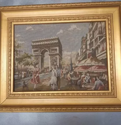 Vintage Italian Tapestry Gold Wood  Frame Arc De Triomphe Cafe Petit Point Art • $69.43