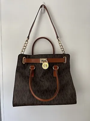 Michael Kors Hamilton Signature Brown Leather Tote Bag Shoulder Strap Lock • $60