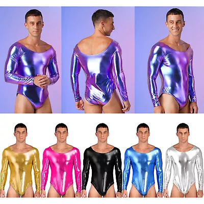 Mens Shiny Patent Leather Bodysuit One Piece Monokini Bodycon Leotard Dancewear • £14.39