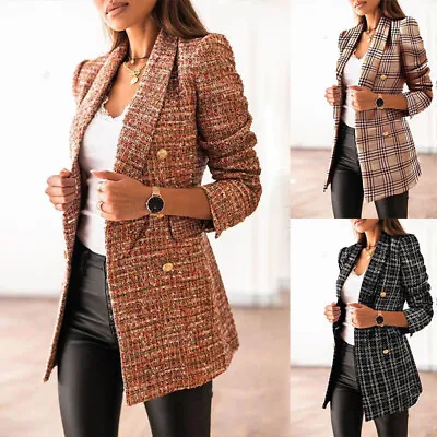 £16.27 • Buy Women's Check Printed Blazer Coat Ladies Double Breasted Formal Long Suit Jacket