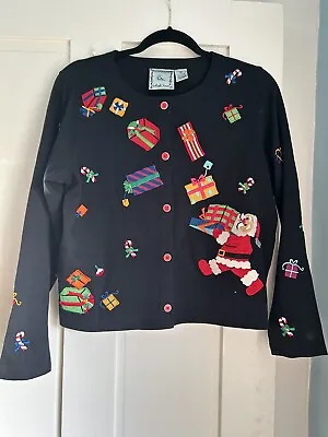 Michael Simon Lite Womens Christmas Sweater Santa Black Cardigan Top Size S • $35