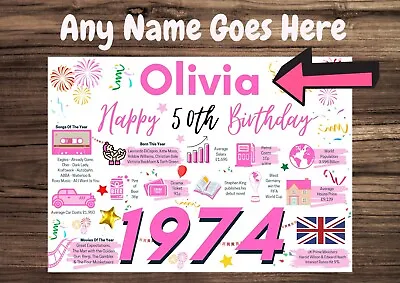 Personalised 50th Birthday Card 1974 Mum Wife Sister Friend Auntie Aunt Friend • £3.99