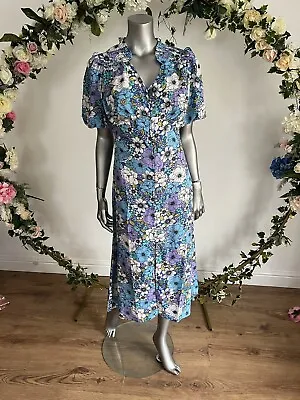 £13.99 • Buy Influence Button Front Midi Dress Size 12 Blue Retro Bold Floral FREE POST MT62