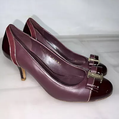 SALVATORE FERRAGAMO Carla Lux Burgundy Leather Small Heel Pumps Size 8  #33864 • $150