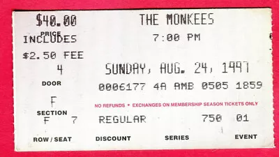 8/24/91 Monkees Concert Ticket Stub • $14.99