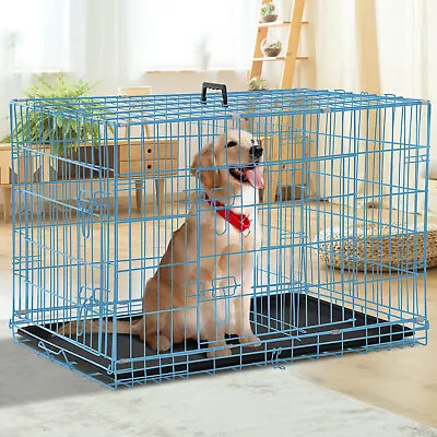 48  Dog Crate Kennel Folding Pet Cage Metal W/2 Doors & Tray For XL XXL Blue • $78.99