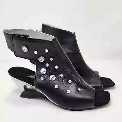 Onex Black Leather Rhinestone Studded Sandal Heels Womens 41 US 11 Abstract Heel • $39.99