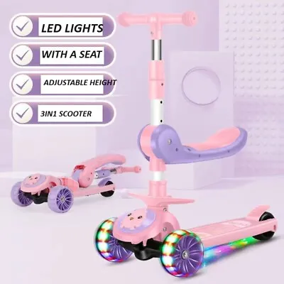 Kids Scooter 3in1 Child Kick Push Tilt Lean Flashing 3-Wheels With Seat UKCA • £29.99
