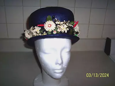 VINTAGE Mr. John Classic Blue Straw Flowered Derby Style Ladies Hat Size S • $38