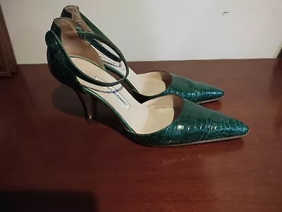 Manolo Blahnik 40 Green CROCODILE Ankle Strap Stilettoes • $225