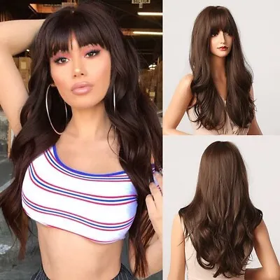 Dzvpryc Brown Wig Bangs Fringe Long Wavy Synthetic Hair New 23 Inches Length UK • £20