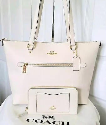 NWT Coach Gallery Tote & Wallet Crossgrain Chalk/ Gold Leather Shoulderbag  • $428.27