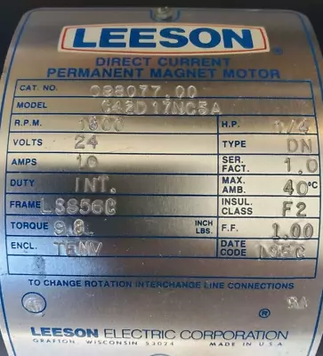 Powerful LEESON ELECTRIC MOTOR 1/4hp DC 24 Volt 5/8  Shaft. Part # C42D17NC5A • $120