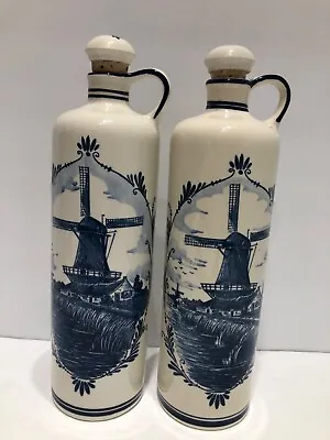Delft Blue Porcelain Jug Bottle BOLS Corked Tall Holland Windmill Design Vintage • $59.95