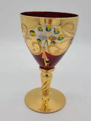 Vintage Czech Bohemian Ruby Red  Gold Hand Painted Wine Glass Gilded Twist Stem • $25.99