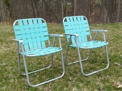2 Vintage Mid Century  Webbed Aluminum Lawn Folding Chairs Set Mint Green 1960s • $124.99