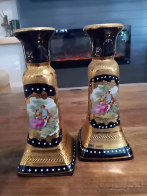 European Designs Decorative Porcelain Blue Gold Gilt Courting Candle Holders Set • $47