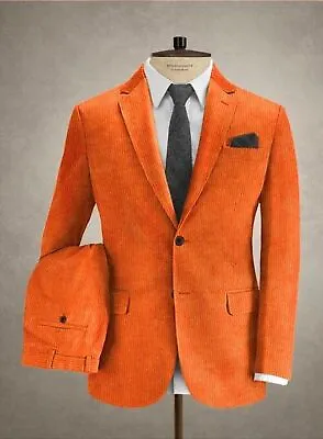 Men Corduroy Suit Orange Luxury Leisure Prom Party Groom Tuxedo Wedding Suit • $86.45