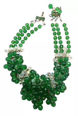 Vintage Signed France Glass Cluster Bead  Green & Crystal Drippy Necklace • $875.47