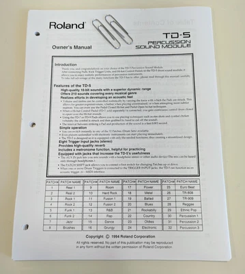 $26.33 • Buy Roland TD-5 V-Drums Module Owner's Manual, Reprint, Percussion Sound Module