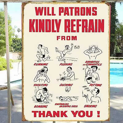 Vintage Patrons Refrain Swim Pool Rules Humour Decor Pub Man Cave Metal Sign • £3.99