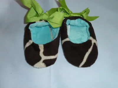 MUD PIE Giraffe Print Bow Ribbon Velour Slip On Shoes 0 3 6 Mos Baby Girl • $7.49