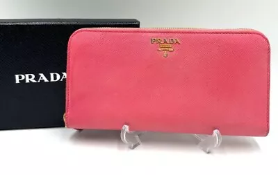 PRADA  Long Wallet Leather Round Zip Pink Gold Serial Engraved Authentic W/box M • $119