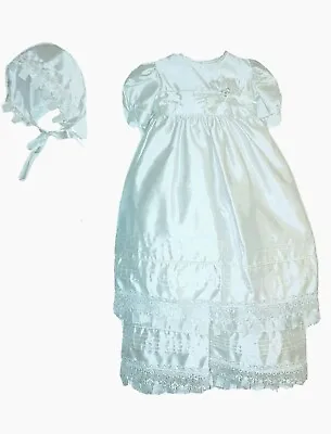 New Baby Girls Age 9-12 Month Christening Gown And Bonnet Ivory Satin Couche Tot • £44.99