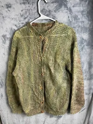 Vintage 70s Handmade Womens Mohair Blend Cardigan Green Sweater Flower Button  • $34.99