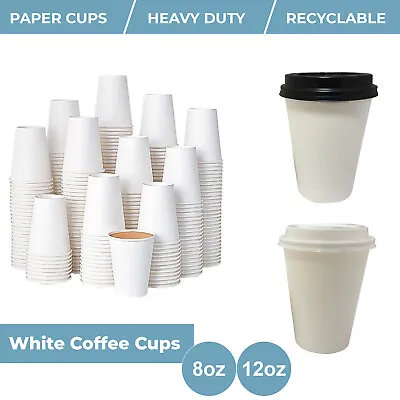 Disposable Coffee Cups 8oz / 12oz White Paper Cups And Sip Lids For Hot Drinks • £79.95