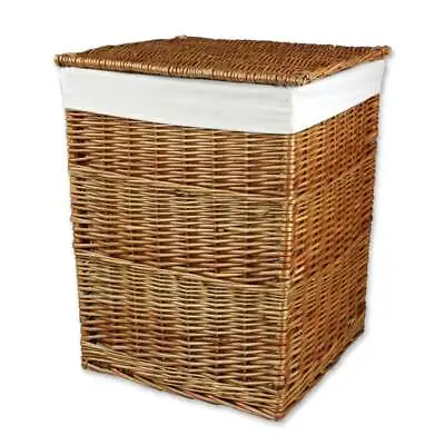 Square Natural Wicker Laundry Basket Washing Bin Woven Linen Lined Storage • £55