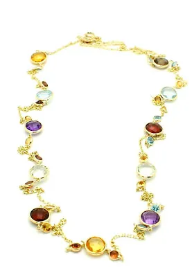 14K Yellow Gold Station Necklace With Round Shaped Multi Color Gemstones 32 Inch • $725