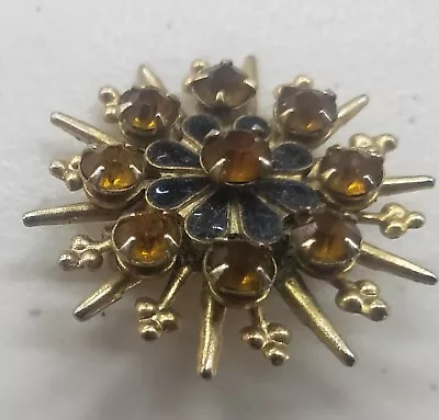 Vintage Brooch Pin Flower Snowflake Black Cabasions & Orange Rhinestones  1.5” • $18