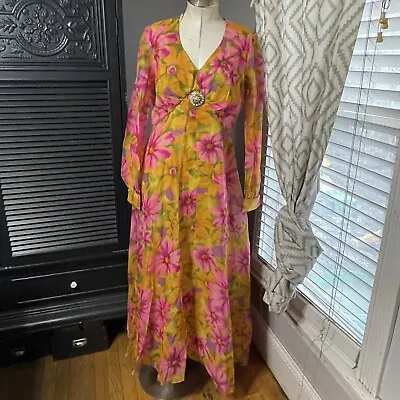 Vintage 60s 70s M Psychedelic Floral Print Maxi Dress 14 • $750